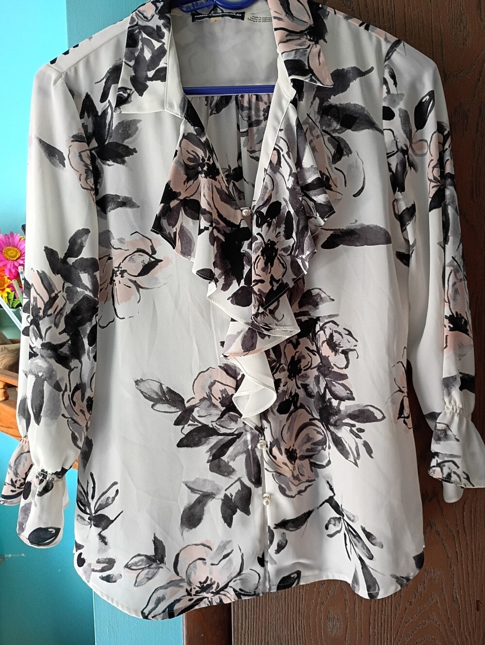 Karl Lagerfeld Paris Blouse, Abstract Floral Ruffled Neck, Small